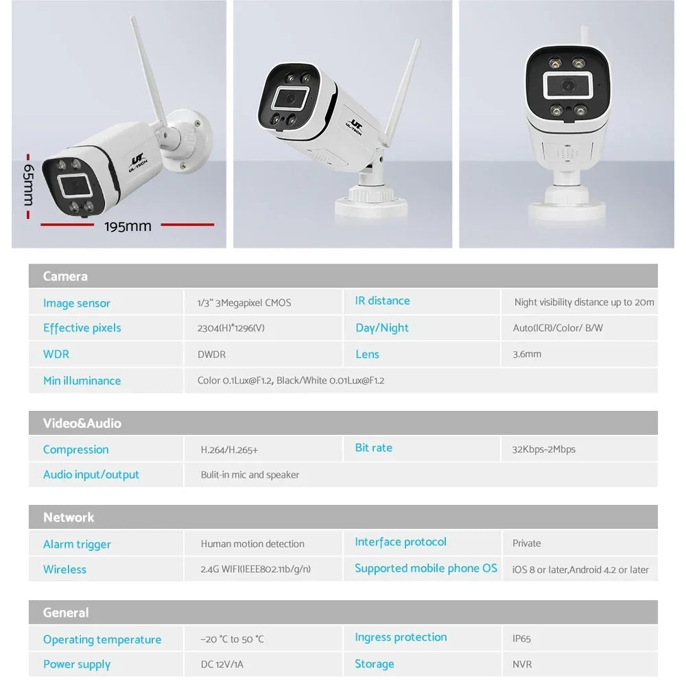 Wireless outdoor security camera with antennas and infrared night vision, technical specs shown