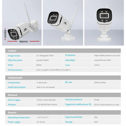 Wireless outdoor security camera with antennas and infrared night vision, technical specs shown