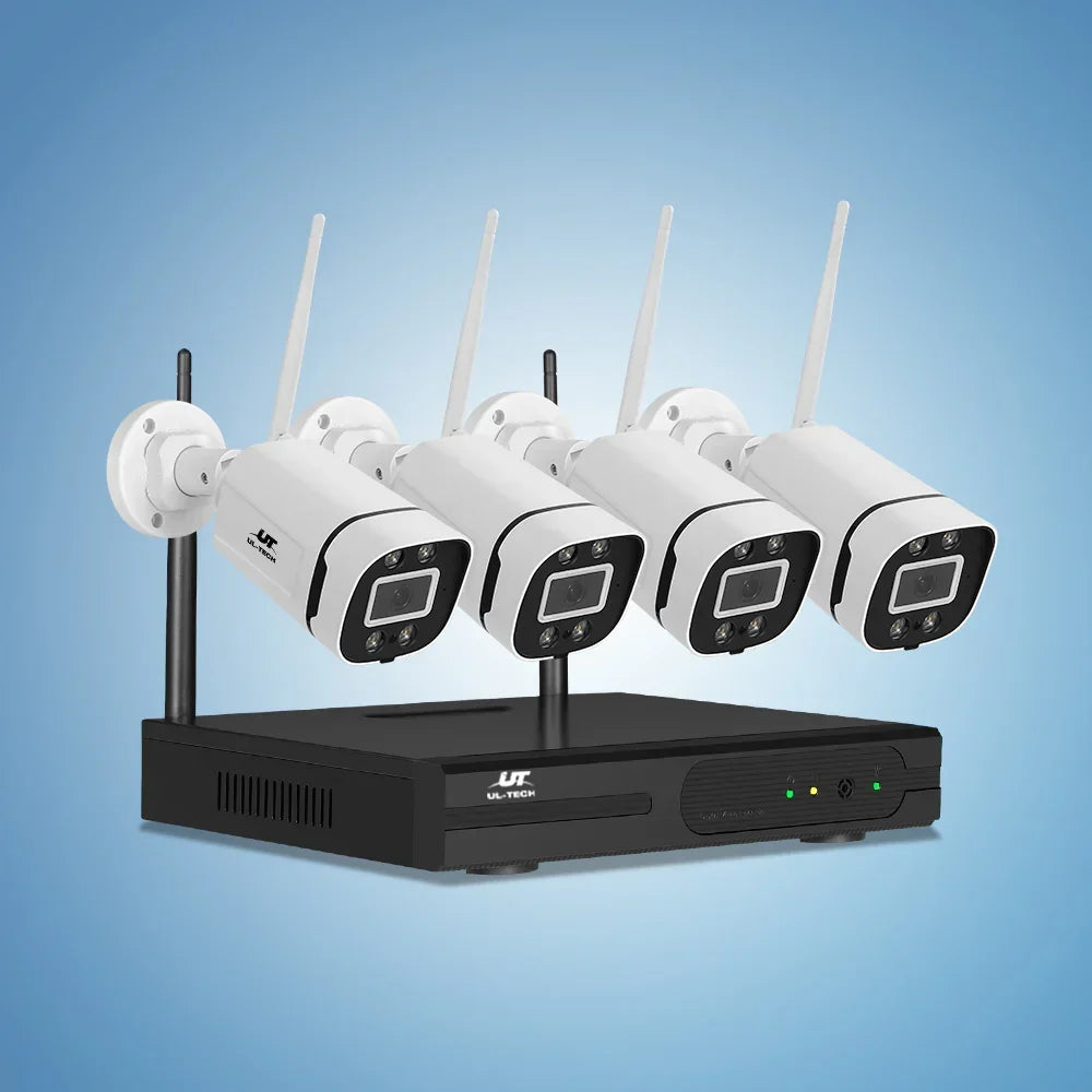 Wireless security camera system with four white CCTV cameras and a black NVR on blue background