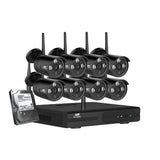 Wireless security camera system with eight black CCTV cameras, DVR unit, and hard drive