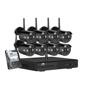 Wireless security camera system with eight black CCTV cameras, DVR unit, and hard drive