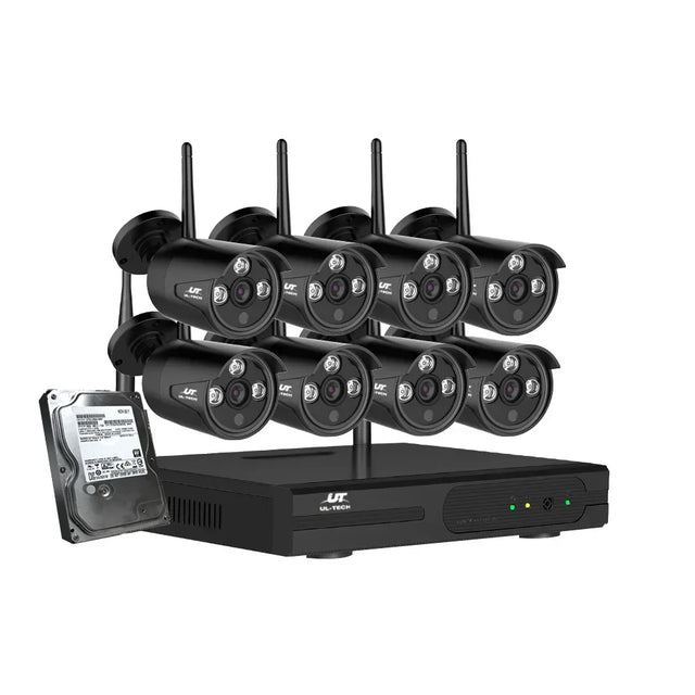 Wireless security camera system with eight black CCTV cameras, DVR unit, and hard drive