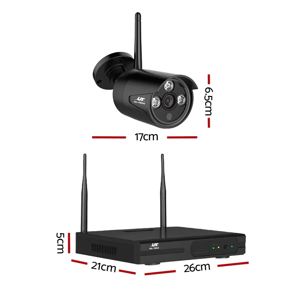 Wireless CCTV security camera and NVR recorder system with dimensions labeled in centimeters