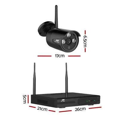 Wireless CCTV security camera and NVR recorder system with dimensions labeled in centimeters
