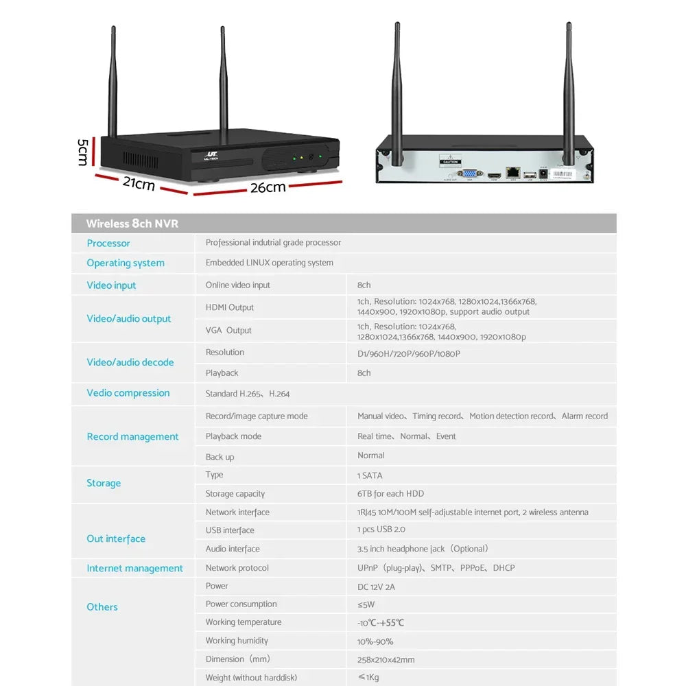 Wireless 8 channel NVR with dual antennas, HDMI, VGA ports, and detailed technical specs