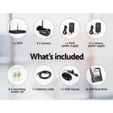 CCTV security system kit with 8 cameras, NVR, power supplies, hard drive, accessories.