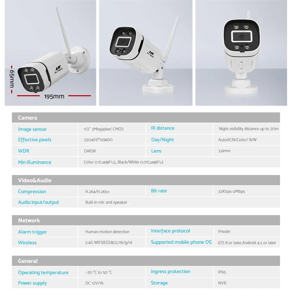 Outdoor WiFi security camera with antenna, night vision, and technical specs chart.