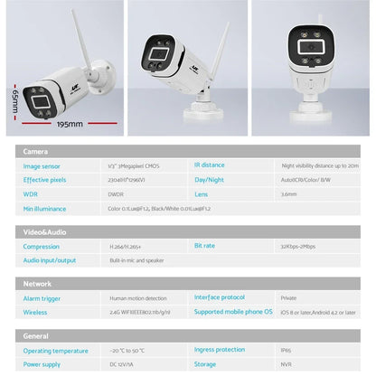Outdoor WiFi security camera with antenna, night vision, and technical specs chart.