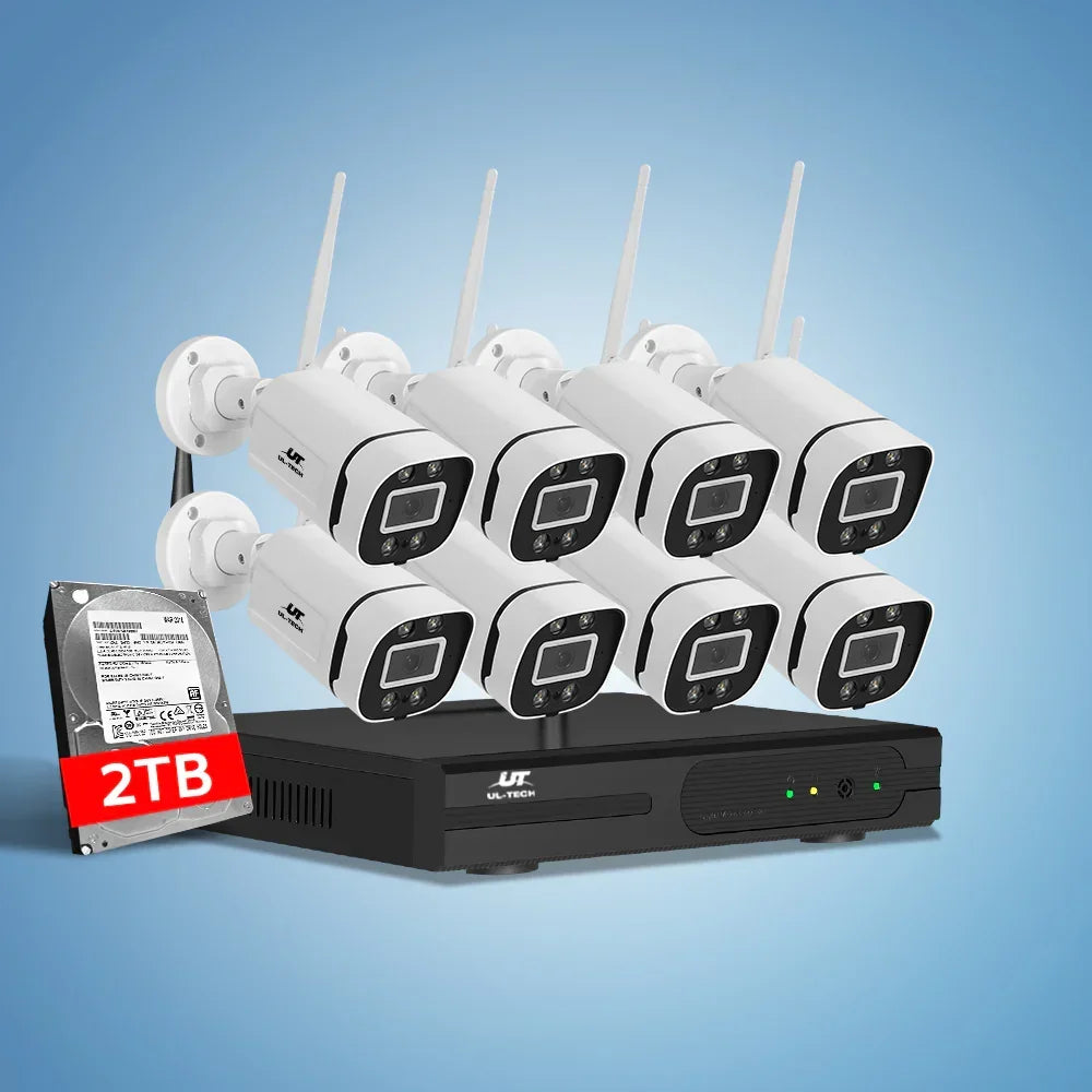 8-piece wireless security camera system with DVR and 2TB hard drive on blue background