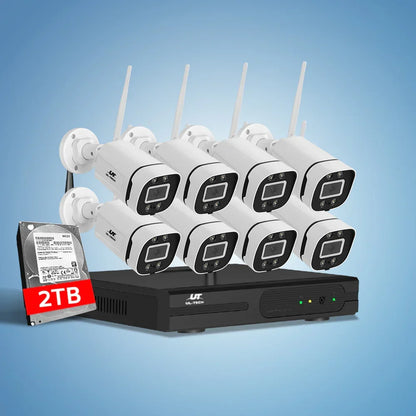 8-piece wireless security camera system with DVR and 2TB hard drive on blue background