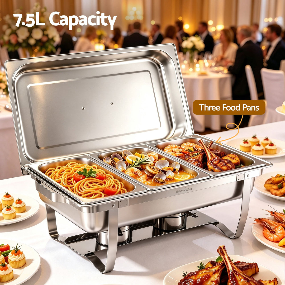 7.5L stainless steel chafing dish, three pans prevent flavours mixing