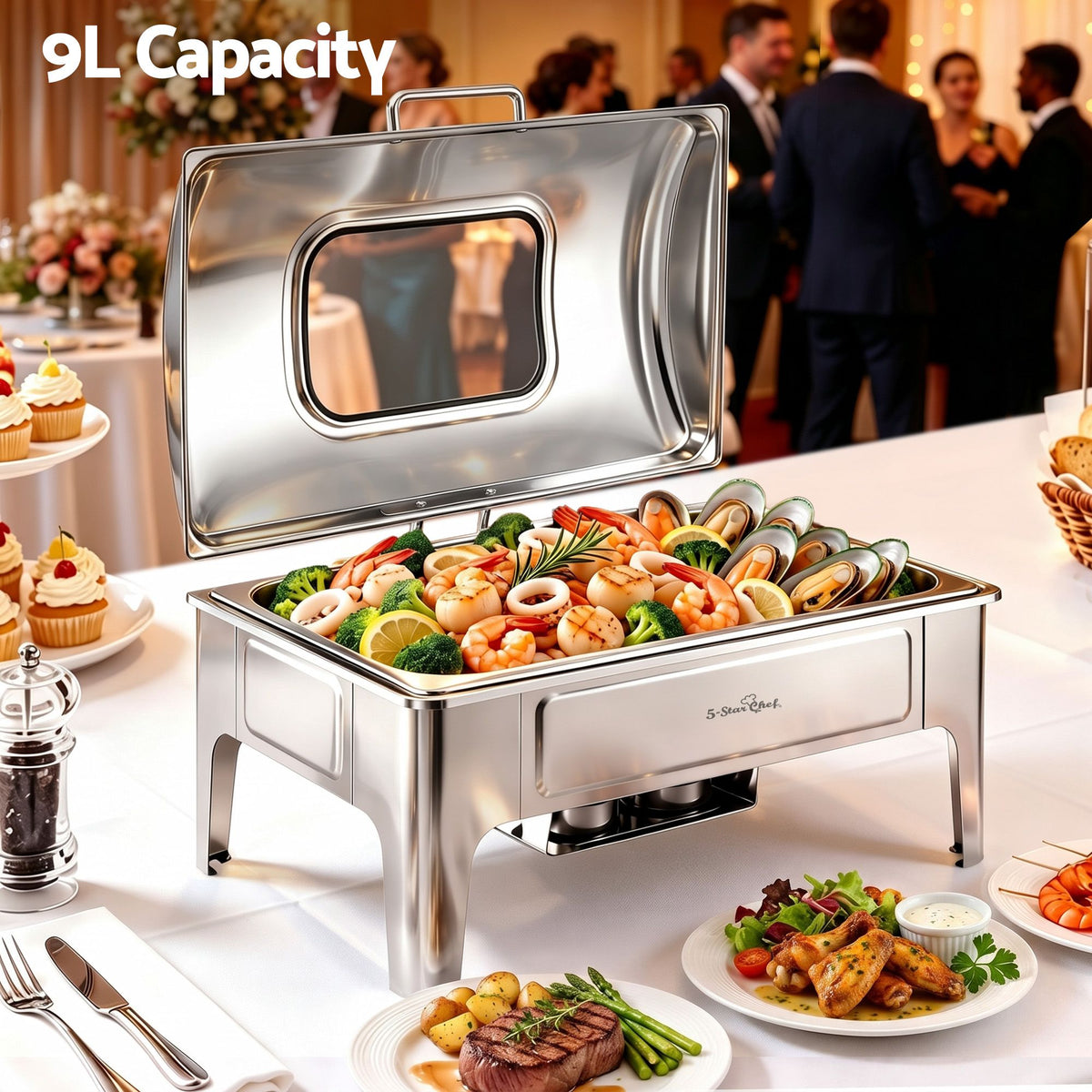 9L stainless steel chafing dish with dishwasher safe food and water pans