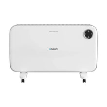 White portable electric panel heater with control panel and wheels, modern home appliance