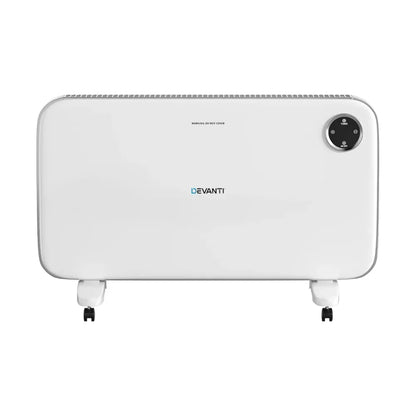 White portable electric panel heater with control panel and wheels, modern home appliance