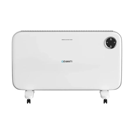 White portable electric panel heater with control panel and wheels, modern home appliance