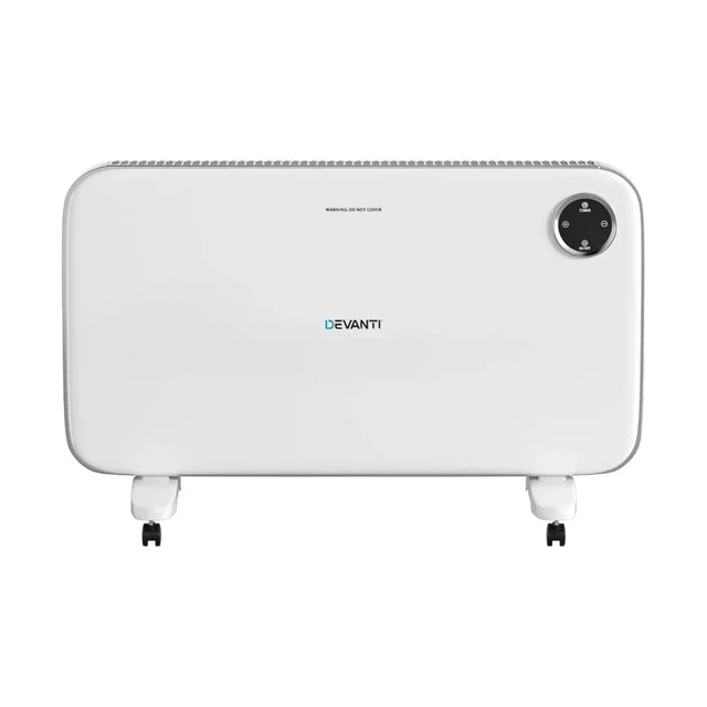 White portable electric panel heater with control panel and wheels, modern home appliance