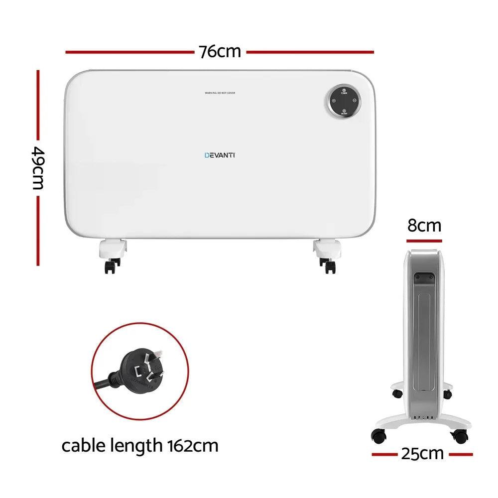 White electric panel heater with wheels, dimensions labeled 76cm x 49cm x 8cm x 25cm, 162cm power cable
