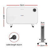 White electric panel heater with wheels, dimensions labeled 76cm x 49cm x 8cm x 25cm, 162cm power cable