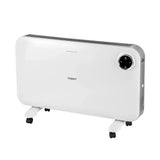 White electric panel heater with digital control and wheels for home heating