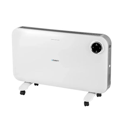 White electric panel heater with digital control and wheels for home heating