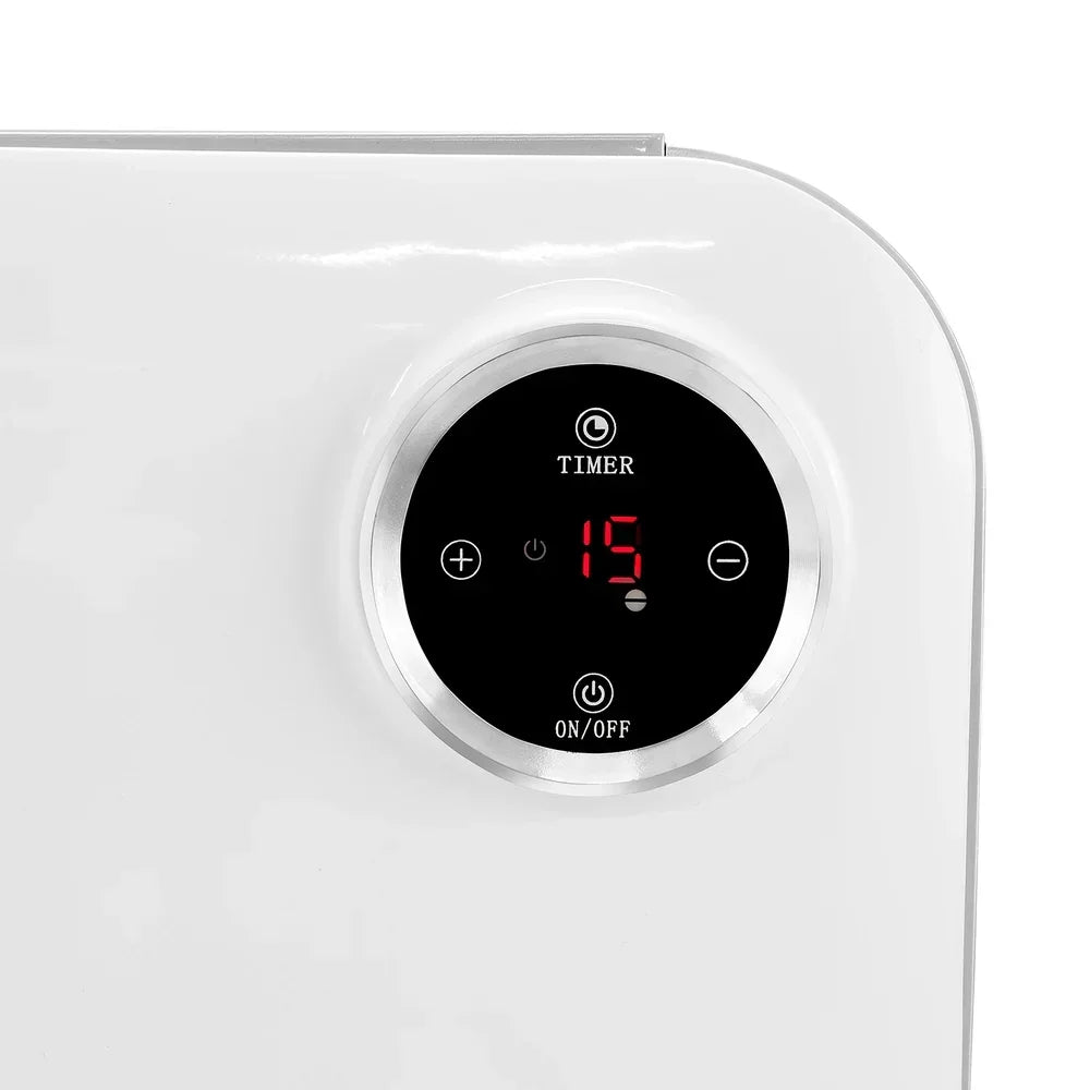 Close-up of digital timer control panel on a white electric appliance, LED display showing 15