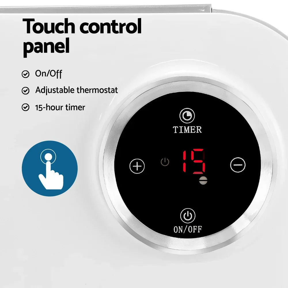 White touch control panel with timer, adjustable thermostat, and on/off buttons.