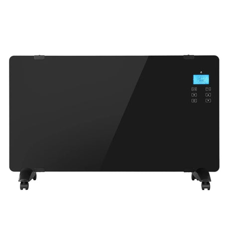Black glass panel heater with digital display and control buttons, portable on wheels
