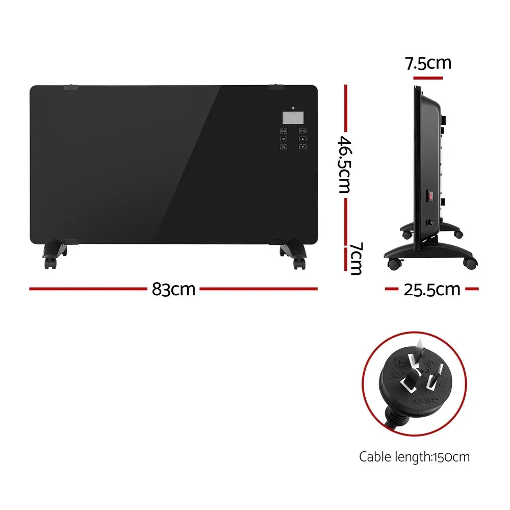Black glass electric panel heater with wheels, digital controls, dimensions, and power plug shown.