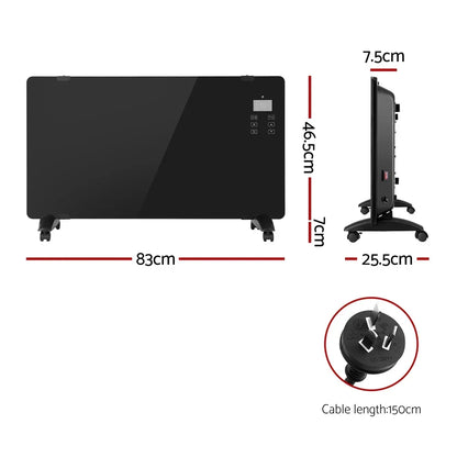 Black glass electric panel heater with wheels, digital controls, dimensions, and power plug shown.