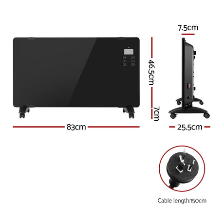 Black glass electric panel heater with wheels, digital controls, dimensions, and power plug shown.