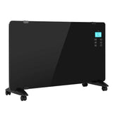 Black glass panel heater with digital display and control buttons on wheels