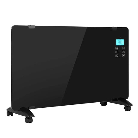 Black glass panel heater with digital display and control buttons on wheels