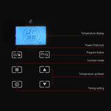 Digital control panel with temperature display, power lock, program, mode, and timer buttons.