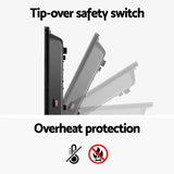Electric heater featuring tip-over safety switch and overheat protection with safety icons