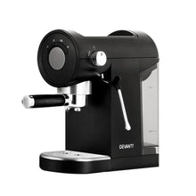 Black espresso coffee machine with steam wand and side water tank on white background