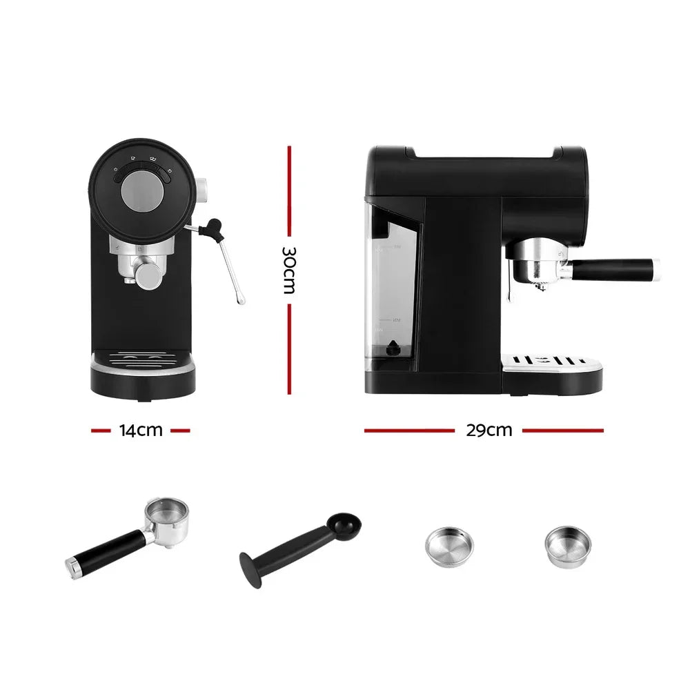 Compact black espresso coffee machine with portafilter, tamper, and filter baskets, showing 30cm height, 29cm depth, and 14cm width.
