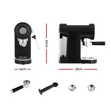 Compact black espresso coffee machine with portafilter, tamper, and filter baskets, showing 30cm height, 29cm depth, and 14cm width.