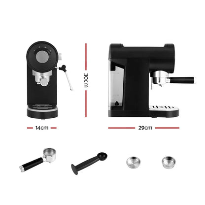 Compact black espresso coffee machine with portafilter, tamper, and filter baskets, showing 30cm height, 29cm depth, and 14cm width.