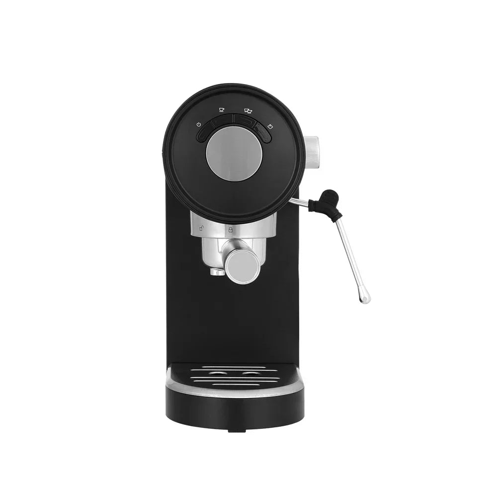 Black espresso coffee machine with steam wand and control dial, front view