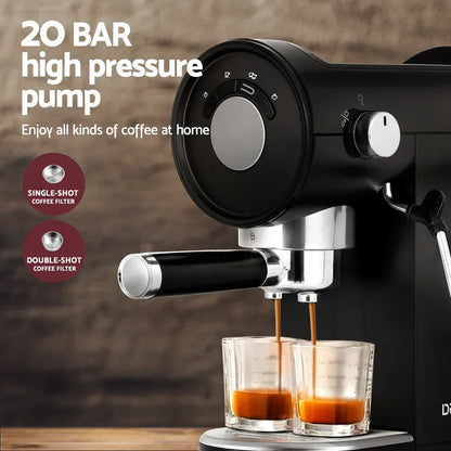 20 bar espresso machine with coffee pouring into two clear glass cups on a countertop