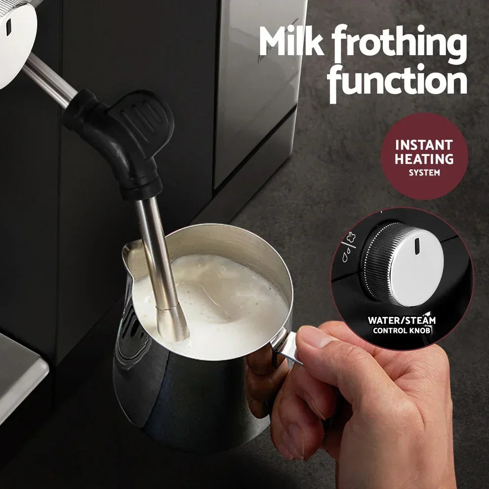 Espresso machine steam wand frothing milk in jug, milk frothing function, instant heating