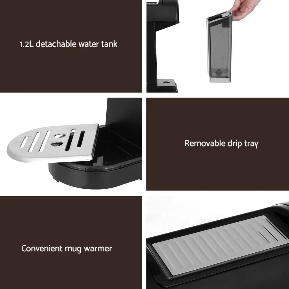 Coffee machine with 1.2L detachable water tank, removable drip tray, and mug warmer features