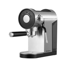 Stainless steel espresso coffee machine with steam wand and control dial, isolated on white