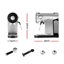 Stainless steel espresso coffee machine with accessories and size dimensions labelled