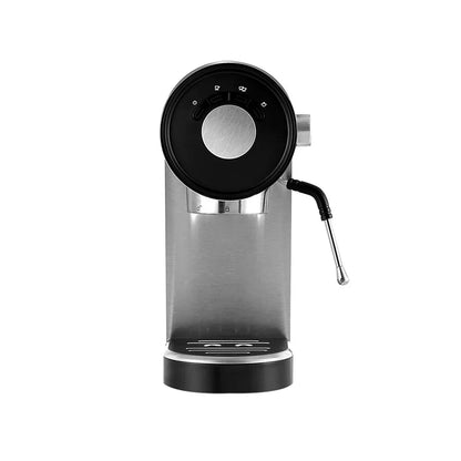 Stainless steel espresso coffee machine with milk frother and control panel, front view.
