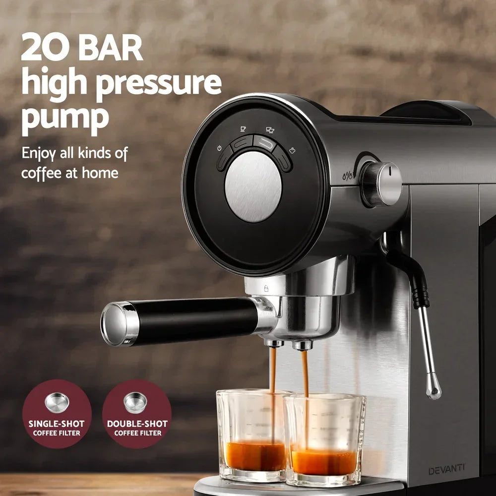 High pressure espresso coffee machine brewing two shots, with dials and two glass cups.