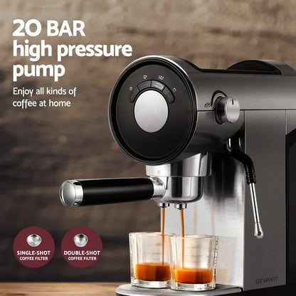 High pressure espresso coffee machine brewing two shots, with dials and two glass cups.
