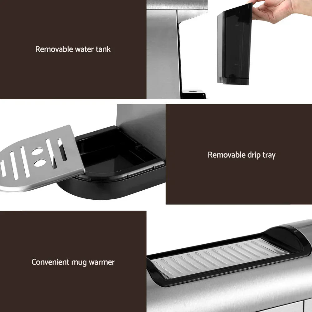 Close-up of coffee machine with removable water tank, drip tray, and mug warmer features.