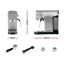 Stainless steel espresso coffee machine with steam wand and accessories, dimensions shown