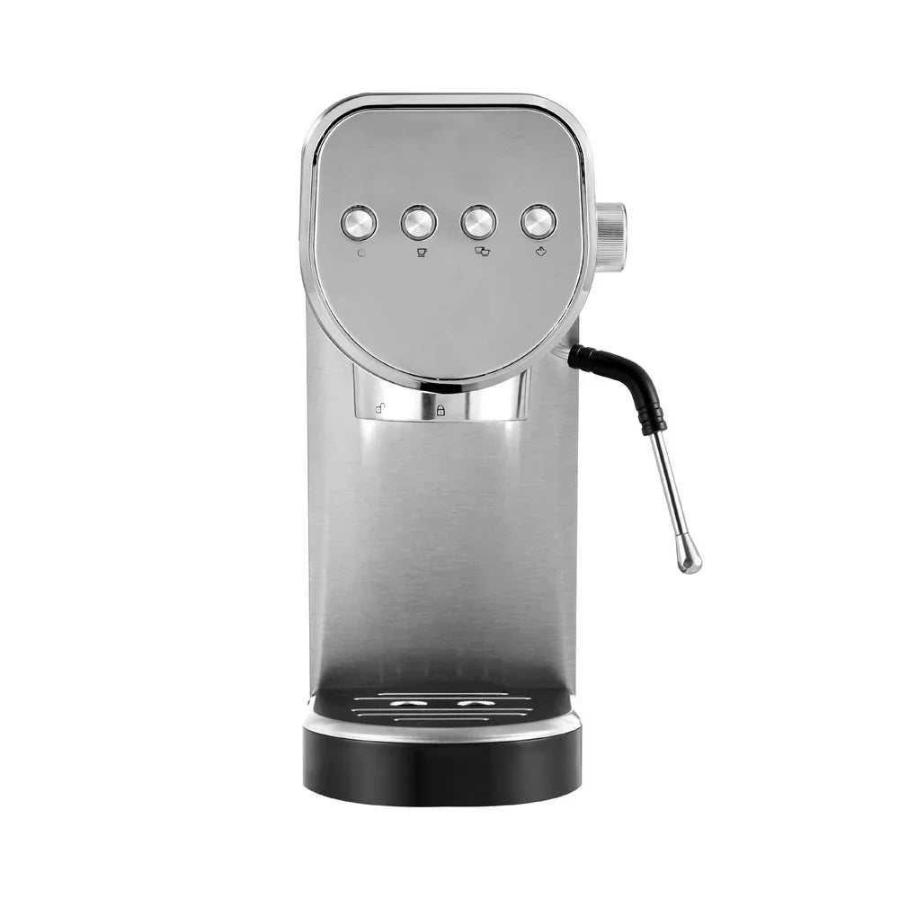 Stainless steel espresso machine with four buttons and steam wand, front view